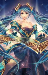 Rule 34 | 1girl, alice jing, aqua hair, blue dress, blue eyes, bow, breasts, cleavage, dress, etwahl, hair bow, hair ornament, instrument, large breasts, league of legends, lips, long dress, long hair, looking at viewer, off shoulder, sitting, smile, solo, sona (league of legends), twintails, very long hair, wide sleeves