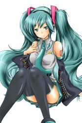 Rule 34 | detached sleeves, green eyes, green hair, hatsune miku, highres, long hair, necktie, runaton, skirt, smile, solo, thighhighs, twintails, very long hair, vocaloid