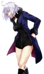 Rule 34 | 1girl, ahoge, arisaka ako, blue coat, boots, breasts, coat, dress, fate/grand order, fate (series), fur trim, hands in pockets, jeanne d&#039;arc (fate), jeanne d&#039;arc alter (fate), jeanne d&#039;arc alter (ver. shinjuku 1999) (fate), jewelry, large breasts, looking at viewer, necklace, official alternate costume, open clothes, open coat, short dress, silver hair, solo, taut clothes, taut dress, yellow eyes