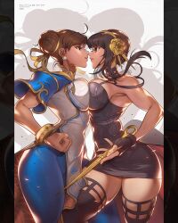 Rule 34 | 2girls, angry, armpits, black bar, black hair, bracelet, breast press, breasts, capcom, chun-li, crossover, earrings, edwin huang, fingerless gloves, flower, gloves, gold, grey background, hair bun, hair ornament, highres, ironpinky, jewelry, large breasts, looking at another, multiple girls, nails, pants, pearl earrings, red eyes, rose, spy x family, street fighter, street fighter 6, thighhighs, yor briar