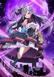 Rule 34 | 1girl, absurdres, bare shoulders, belt, black footwear, black gloves, blush, boots, bow, bowtie, breasts, chierishu, commentary request, copyright request, corset, crinoline, duel masters play&#039;s, elbow gloves, frilled skirt, frills, full body, full moon, gloves, grey hair, high heel boots, high heels, highres, hoop skirt, knee boots, large breasts, long hair, looking at viewer, moon, nail polish, one side up, outstretched arm, parted lips, petals, pink nails, red bow, red bowtie, red eyes, shirt, skirt, sleeveless, sleeveless shirt, smile, solo, white shirt