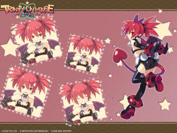 Rule 34 | 00s, 1girl, 2009, bat wings, blush, bracelet, collar, demon girl, disgaea, earrings, elbow gloves, etna (disgaea), closed eyes, gloves, jewelry, multiple persona, nippon ichi, official art, official wallpaper, pointy ears, red background, red eyes, red hair, thighhighs, trinity universe, tsunako, twintails, wallpaper, wings