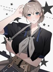Rule 34 | 1girl, black shirt, blue eyes, bolt action, breasts, brown hair, character name, grey neckerchief, gun, highres, ichimonme (ichi), intrepid (kancolle), kantai collection, large breasts, looking at viewer, m1903 springfield, medium breasts, neckerchief, ponytail, rifle, shirt, short hair, short sleeves, simple background, solo, upper body, weapon, white background
