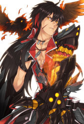 Rule 34 | 1boy, armor, bad id, bad pixiv id, bird, black hair, coat, crow, daizu yan, elsword, fire, gauntlets, jewelry, long hair, male focus, mechanical arms, multicolored hair, name connection, necklace, object namesake, raven cronwell, red hair, scar, serious, single mechanical arm, solo, streaked hair, two-tone hair, veteran commander (elsword), white background, yellow eyes