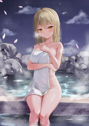 Rule 34 | 1girl, absurdres, aki rinco, anchundddd, blonde hair, blush, breasts, closed mouth, collarbone, completely nude, covering privates, highres, long hair, looking at viewer, medium breasts, night, night sky, nude, nude cover, onsen, orange eyes, outdoors, petals, project-sp, rock, sitting, sky, soaking feet, solo, star (sky), starry sky, steam, towel, water