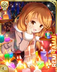 Rule 34 | 1girl, brown coat, brown eyes, brown hair, brown neckwear, brown skirt, candle, card (medium), coat, fire, fire, girlfriend (kari), leaning forward, looking at viewer, low twintails, night, official art, outdoors, pleated skirt, qp:flapper, scarf, shirt, skirt, smile, socks, solo, tagme, tamai remi, twintails, white shirt, winter clothes, winter coat