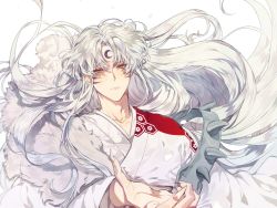 Rule 34 | 1boy, closed mouth, collarbone, crescent, facial mark, fingernails, highres, inuyasha, japanese clothes, kimono, long fingernails, long hair, long sleeves, looking at viewer, male focus, mgmg 1012, sesshoumaru, shade, simple background, solo, upper body, white background, white hair, white kimono, yellow eyes