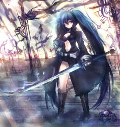 Rule 34 | 10s, 1girl, belt, black hair, black rock shooter, black rock shooter (character), boots, breasts, center opening, cross-laced footwear, highres, long hair, mamuru, open clothes, solo, sword, twintails, very long hair, weapon