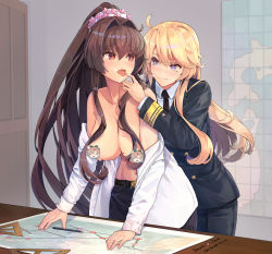 Rule 34 | 3girls, absurdres, akigumo (kancolle), alternate costume, black necktie, blonde hair, blue eyes, breasts, brown hair, censored, censored nipples, character censor, cherry blossoms, green eyes, highres, himeyamato, indoors, iowa (kancolle), kantai collection, large breasts, long hair, long sleeves, map, military, military uniform, multiple girls, necktie, novelty censor, off shoulder, open clothes, open shirt, ponytail, red eyes, shirt, sidelocks, smile, star-shaped pupils, star (symbol), symbol-shaped pupils, uniform, white shirt, yamato (kancolle), yuri