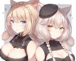 Rule 34 | 2girls, animal ears, warrior of light (ff14), ayuanlv, bare shoulders, beret, black headwear, black shirt, blonde hair, blue eyes, braid, breasts, brown eyes, brown hair, cat ears, cat girl, cat tail, cleavage, cleavage cutout, clothing cutout, final fantasy, final fantasy xiv, french braid, hair over shoulder, hat, large breasts, long hair, looking at viewer, miqo&#039;te, mole, mole under eye, multiple girls, parted lips, shirt, shoulder cutout, side-by-side, sleeveless, sleeveless shirt, tail, tail raised, tilted headwear, twin braids, upper body