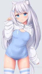 Rule 34 | 1girl, animal ear fluff, animal ears, blue eyes, blue hair, blue one-piece swimsuit, blush, breasts, cat ears, cat girl, cat tail, closed mouth, cowboy shot, expressionless, grey background, hair ornament, hairpin, highres, hood, hoodie, light blue hair, long hair, long sleeves, looking at viewer, old school swimsuit, one-piece swimsuit, original, sasaame, school swimsuit, sidelocks, signature, simple background, sleeves past wrists, small breasts, standing, striped clothes, striped thighhighs, swimsuit, tail, thighhighs, twitter username, whale hair ornament, white hoodie, wide sleeves, zipper, zipper pull tab