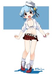 Rule 34 | 1girl, belt, black ribbon, blue hair, brown eyes, commentary request, dixie cup hat, double bun, fang, flat chest, full body, hair bun, hat, hat ribbon, highres, kantai collection, leaning to the side, looking at viewer, midriff, military hat, nassukun, open mouth, plaid, plaid skirt, pleated skirt, red footwear, red skirt, ribbon, samuel b. roberts (kancolle), shirt, short hair, skirt, smile, solo, standing, star ornament, tied shirt, white belt, white hat, white shirt
