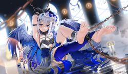 Rule 34 | 1girl, amane kanata, amane kanata (another world), angel wings, ankle cuffs, arm strap, armpits, arms up, barefoot, black collar, black gloves, blue eyes, blue hair, blue thighhighs, blush, candle, casino (casinoep), chain, closed mouth, collar, colored inner hair, crossed bangs, detached leggings, feet, full body, gloves, grey hair, hair between eyes, hololive, indoors, knee up, legs, long hair, multicolored hair, single thighhigh, sitting, smile, soles, solo, spread toes, thighhighs, toenails, toes, twitter username, two-tone hair, very long hair, virtual youtuber, wings