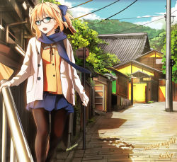 Rule 34 | absurdres, artoria pendragon (all), artoria pendragon (fate), bad id, bad pixiv id, blonde hair, bow, buttons, fate/stay night, fate (series), glasses, green eyes, hair bow, highres, jacket, landscape, magicians (zhkahogigzkh), official alternate costume, pantyhose, saber (fate), scarf, short hair, skirt, solo, tree