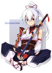 Rule 34 | 1girl, copyright name, fate/grand order, fate (series), full body, hair between eyes, highres, japanese clothes, red eyes, ribbon, sheath, sheathed, silver hair, sitting, smile, solo, sword, tabi, tomoe gozen (fate), v-shaped eyebrows, weapon, white legwear, yuchio
