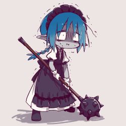 Rule 34 | 1boy, :i, apron, black apron, black footwear, blue hair, braid, braided ponytail, colored skin, commentary request, constricted pupils, dated commentary, dress, full body, gloves, grey background, grey skin, heavy, holding, holding weapon, lowres, mace, maid, maid headdress, male focus, nervous sweating, original, pointy ears, puffy short sleeves, puffy sleeves, rakuni, short sleeves, simple background, single braid, solo, spiked mace, spikes, standing, struggling, sweat, trap, trembling, weapon, white dress, white gloves, wide-eyed