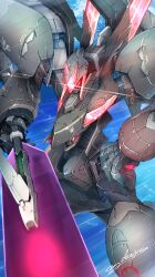 Rule 34 | absurdres, artist name, denjyou23, flying, from above, glowing, highres, holding, holding sword, holding weapon, mark vier kai, mecha, no humans, ocean, open hand, robot, science fiction, solo, soukyuu no fafner, sword, water, weapon