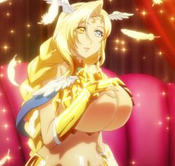 Rule 34 | 1girl, armor, blonde hair, braid, breasts, circlet, cleavage, hand on own chest, head wings, heterochromia, highres, huge breasts, jewelry, long hair, nanatsu no bitoku, navel, sariel (nanatsu no bitoku), scale armor, screencap, stitched, third-party edit, underboob, wings