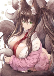 1girl animal_ear_fluff animal_ears ass breasts brown_hair cardigan commission cowboy_shot dress_shirt fox_ears fox_girl fox_tail green_eyes hand_on_own_tail highres large_breasts long_hair looking_at_viewer multiple_tails necktie no_bra no_panties open_clothes open_shirt original pink_cardigan plushmallow red_necktie shirt simple_background skeb_commission solo tail unbuttoned very_long_hair white_shirt yue_(lov_n_n)