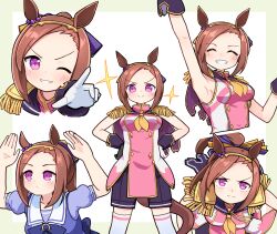 Rule 34 | &gt;:), 1girl, ^ ^, animal ears, arm up, armpits, arms up, asymmetrical gloves, black gloves, black shorts, blue shirt, blush, breasts, brown hair, closed eyes, closed mouth, commission, epaulettes, feet out of frame, floating hair, forehead, gloves, grey background, grin, hands on own hips, highres, horse ears, horse girl, horse tail, jacket, kibisake, long hair, medium breasts, mismatched gloves, multiple views, neckerchief, one eye closed, pink jacket, ponytail, sakura bakushin o (umamusume), school uniform, shirt, shorts, skeb commission, sleeveless, sleeveless jacket, smile, sparkle, standing, swept bangs, tail, thighhighs, tracen school uniform, two-tone background, umamusume, v-shaped eyebrows, white background, white gloves, white thighhighs, yellow neckerchief