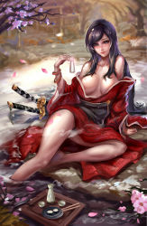 Rule 34 | 1girl, absurdly long hair, alcohol, arm support, bangle, barefoot, black hair, blue eyes, blush, bottle, bracelet, breasts, cherry blossoms, chopsticks, collarbone, drunk, food, highres, holding, holding bottle, japanese clothes, jewelry, katana, kimono, large breasts, legs, light smile, lips, long hair, looking at viewer, mole, mole under eye, nose, obi, off shoulder, original, outdoors, red kimono, river, sake, sash, sheath, sheathed, sitting, solo, stream, sword, tokkuri, tray, branch, tsuki no i-min, very long hair, water, weapon, wide sleeves