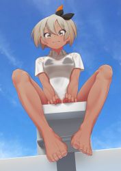 Rule 34 | 1girl, bare legs, barefoot, bea (pokemon), between legs, black ribbon, blue sky, blush, breasts, brown eyes, brown hair, closed mouth, collared shirt, commentary request, creatures (company), dark-skinned female, dark skin, day, feet, foreshortening, from below, full body, game freak, hair ribbon, hand between legs, highres, looking at viewer, looking down, medium breasts, nintendo, outdoors, pokemon, pokemon swsh, putcher, ribbon, see-through, shirt, short hair, short sleeves, sky, smile, solo, thick eyebrows, wet, wet clothes, wet shirt, wing collar