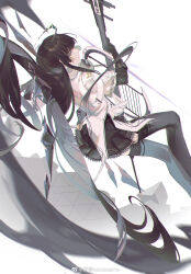 Rule 34 | 1girl, absurdly long hair, antenna hair, arknights, artist name, ascot, belt, belt buckle, black ascot, black garter straps, black gloves, black hair, black halo, black outline, black skirt, black sleeves, black thighhighs, black wings, blunt bangs, blurry, blurry background, blurry foreground, bow (music), bright pupils, broken halo, buckle, cello, chinese commentary, chinese text, chromatic aberration, closed mouth, collared jacket, commentary request, dark halo, depth of field, detached wings, energy wings, feet out of frame, floating, floating hair, from side, garter straps, gloves, grey eyes, halo, hands up, highres, hime cut, holding, holding bow (music), holding instrument, holding violin, instrument, jacket, knee up, layered sleeves, light smile, long hair, long sleeves, looking at viewer, miniskirt, music, outline, pale skin, playing, playing instrument, pleated skirt, profile, rubble, samo (shichun samo), short over long sleeves, short-sleeved jacket, short sleeves, sidelocks, sideways glance, simple background, skirt, solo, thighhighs, very long hair, violin, virtuosa (arknights), watermark, weibo logo, weibo watermark, white background, white belt, white jacket, white pupils, wide sleeves, wings, zettai ryouiki
