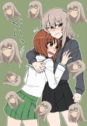Rule 34 | 10s, 2girls, blush, brown eyes, brown hair, clenched hand, commentary request, disembodied head, embarrassed, closed eyes, flying sweatdrops, frown, girls und panzer, happy, itsumi erika, multiple girls, nishizumi miho, ooarai school uniform, open mouth, school uniform, silver hair, skirt, smile, smug, sweat, torinone, yuri