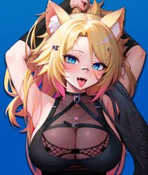 Rule 34 | 1girl, absurdres, animal ear fluff, animal ears, armpits, arms up, bandaid, bandaid on face, bandaid on nose, belt, black belt, black sleeves, blonde hair, blue background, blue eyes, breasts, cat ears, cat girl, cat necklace, chest belt, cleavage, clickdraws, collarbone, commission, earrings, fangs, fishnets, gradient hair, hair ornament, heart, heart in eye, highres, indie virtual youtuber, jewelry, large breasts, long hair, multicolored hair, obkatiekat, pink hair, pink nails, ponytail, see-through, see-through cleavage, symbol in eye, tongue, upper body, virtual youtuber