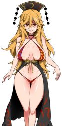 Rule 34 | 1girl, :&gt;, alternate costume, bad id, bad twitter id, bags under eyes, bare arms, bikini, blonde hair, body blush, breasts, closed mouth, colored eyelashes, curvy, fuantei, hair between eyes, hat, junko (touhou), large breasts, long hair, looking at viewer, mature female, nail polish, navel, pom pom (clothes), red eyes, red nails, revealing clothes, shaded face, shiny skin, simple background, solo, swimsuit, thick thighs, thighs, touhou, very long hair, white background