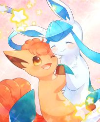 Rule 34 | :d, alopias, closed mouth, creatures (company), closed eyes, fluffy, game freak, gen 1 pokemon, gen 4 pokemon, glaceon, holding hands, nintendo, no humans, open mouth, pokemon, pokemon (creature), smile, sparkle, star (symbol), vulpix, yellow eyes