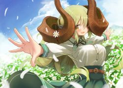 Rule 34 | 159cm, 1girl, :d, belt, blonde hair, blue skirt, blush, brown belt, curled horns, field, fingernails, flower, flower field, glan (159cm), green nails, green ribbon, horns, huge horns, long hair, looking at viewer, nail polish, neck ribbon, one eye covered, open mouth, original, outdoors, outstretched arms, ribbon, shirt, skirt, smile, spread arms, standing, white shirt, yellow eyes