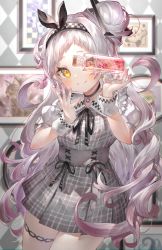 Rule 34 | 1girl, absurdres, black ribbon, blush, bottle, checkered hairband, commentary request, cowboy shot, curly hair, dress, grey hair, hair bun, herbarium, highres, hololive, indoors, jewelry, kirby, kirby (series), long hair, looking at viewer, murasaki shion, neck ribbon, necklace, nintendo, picture frame, plaid, plaid dress, portrait (object), ribbon, rin31153336, single hair bun, single side bun, smile, solo, thigh strap, transparent, virtual youtuber, wrist cuffs, yellow eyes