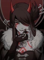 Rule 34 | 1girl, anhmaruwu, beidou (genshin impact), brown hair, chest tattoo, commentary, earrings, english commentary, eyepatch, facial tattoo, fangs, fingerless gloves, fur collar, genshin impact, gloves, horns, jewelry, long hair, looking at viewer, neck tattoo, oni, oni horns, open mouth, solo, tattoo, teeth, upper body