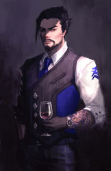 Rule 34 | 1boy, arm tattoo, beard, black hair, commentary, cowboy shot, cup, drinking glass, facial hair, formal, hand in pocket, hanzo (overwatch), highres, looking at viewer, male focus, necktie, overwatch, overwatch 1, penthesilence, portrait, scion hanzo, shade, sleeves pushed up, solo, suit, tattoo, vest, watch, wine glass, wristwatch