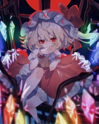 Rule 34 | 1girl, ascot, ayahi 4, bad id, bad twitter id, blonde hair, closed mouth, commentary request, crystal, dress, flandre scarlet, foot out of frame, hat, hat ribbon, highres, looking at viewer, medium hair, mob cap, own hands together, red dress, red eyes, red ribbon, ribbon, shirt, short sleeves, slit pupils, smile, socks, solo, touhou, white hat, white shirt, white socks, wings, wrist cuffs, yellow ascot