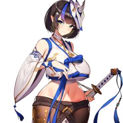 Rule 34 | 1girl, belt, black hair, blue hair, breasts, closed mouth, detached sleeves, green eyes, greyhaven, holding, holding sword, holding weapon, katana, large breasts, mask, mask on head, multicolored hair, navel, pointy ears, purple hair, simple background, solo, standing, streaked hair, sword, weapon, white background, wide sleeves, yeong r6