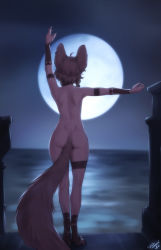 Rule 34 | 1girl, ahoge, animal ears, animal feet, arm guards, arm up, artist name, ass, back, bloodborne, brown hair, casual nudity, commentary, dimples of venus, earrings, english commentary, female focus, fox ears, fox girl, fox tail, from behind, full body, full moon, highres, jewelry, khiara (personal ami), median furrow, moon, night, night sky, nude, original, outdoors, outstretched arm, personal ami, pose imitation, scene reference, shoulder blades, signature, sky, solo, standing, tail, thigh strap, water, watermark
