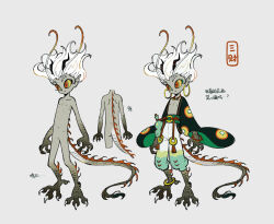 Rule 34 | 1boy, animal feet, animal hands, anklet, baggy pants, black horns, black jacket, bracelet, character sheet, claws, closed mouth, colored sclera, colored skin, completely nude, digitigrade, dragon boy, dragon horns, dragon tail, earrings, full body, fur-tipped tail, gourd, green eyes, green pants, grey background, grey scales, grey skin, guu (hakahonoo), haori, highres, hoop earrings, horns, jacket, japanese clothes, jewelry, long sleeves, looking to the side, male focus, monster boy, multicolored eyes, multiple views, necklace, nude, original, pants, pointy ears, red eyes, scales, short hair, simple background, smile, standing, tail, translation request, white hair, white pants, wide sleeves, yellow sclera