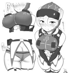 Rule 34 | 1boy, 1girl, alien, ass, blush, breasts, butt crack, covering privates, covering crotch, earth defense force, elbow gloves, embarrassed, gloves, greyscale, helmet, large breasts, maku ro, micro shorts, monochrome, monochrome, short shorts, shorts, thick thighs, thighhighs, thighs, translated, white background, wing diver