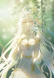 Rule 34 | 1girl, absurdres, ahoge, bare shoulders, blurry, blurry background, body markings, braid, breasts, cleavage, clenched hand, cowboy shot, detached sleeves, dress, eyelashes, genshin impact, gold choker, gold trim, green eyes, hair between eyes, hair ornament, highres, innoarukugyou, leaf hair ornament, long hair, looking at viewer, pointy ears, rukkhadevata (genshin impact), sleeveless, sleeveless dress, smile, solo, sunlight, symbol-shaped pupils, very long hair, white dress, white hair