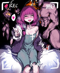 Rule 34 | 1girl, absurdres, anuttsuii, bocchi the rock!, breasts, cleavage, clothed female nude male, dark background, dress, drinking straw, heart, highres, hiroi kikuri, imminent gangbang, jacket, juice box, letterman jacket, medium breasts, multiple boys, muscular, muscular male, nude, open mouth, purple hair, recording, shaded face, sharp teeth, sitting, smile, spoken heart, strap slip, sunglasses, teeth, v, viewfinder
