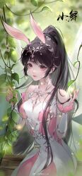 Rule 34 | 1girl, animal ears, artist request, bare shoulders, black hair, bo yikou da yuanzi, braid, bug, closed mouth, douluo dalu, dress, earrings, extra ears, fairy wings, firefly, highres, insect, jewelry, long hair, pink dress, pink eyes, plant, ponytail, rabbit ears, second-party source, smile, solo, upper body, vines, water, wings, xiao wu (douluo dalu)