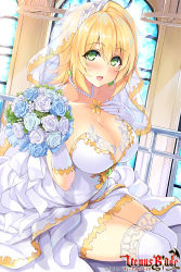 Rule 34 | :d, blonde hair, bouquet, breasts, bride, chandelier, cleavage, copyright name, dress, earrings, flower, gloves, green eyes, hand up, highres, hisen kaede, indoors, jewelry, large breasts, lipstick, looking at viewer, makeup, nail polish, necklace, official art, open mouth, pearl necklace, ring, short hair, sitting, smile, thighhighs, veil, venus blade, watermark, wedding dress, white dress, white gloves, white legwear, window