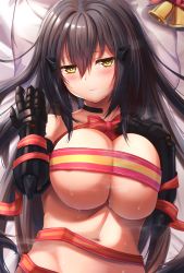 Rule 34 | 1girl, bell, black hair, blush, bound, breasts, cleavage, closed mouth, covered erect nipples, dandelion (girls&#039; frontline), girls&#039; frontline, hair ornament, hairclip, highres, large breasts, long hair, looking at viewer, lying, mechanical arms, naked shirt, navel, on back, on bed, pillow, ribbon, ribbon bondage, shirt, solo, sweat, upper body, xlscaler, yellow eyes