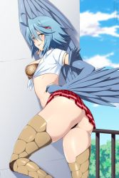 Rule 34 | 1girl, against wall, ahoge, amesuku gyaru, animal print, arched back, armlet, ass, black panties, blue hair, blue sky, blurry, blurry background, bra, breasts, cloud, come hither, commentary, day, dress shirt, english commentary, feathered wings, hair between eyes, hair ornament, hairclip, harpy, highres, kogal, leopard print, lindaroze, medium breasts, microskirt, monster girl, monster musume no iru nichijou, navel piercing, outdoors, panties, papi (monster musume), patreon username, piercing, print bra, red skirt, scales, shirt, skirt, sky, solo, standing, standing on one leg, thighhighs, thighs, tied shirt, tongue, tongue out, twisted torso, twitter username, underwear, watermark, web address, white shirt, winged arms, wings, yellow eyes, zettai ryouiki