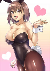 Rule 34 | 1girl, :d, animal ears, bare shoulders, black pantyhose, blush, breasts, brown eyes, brown hair, cleavage, collarbone, covered navel, cowboy shot, fake animal ears, heart, heart background, highres, large breasts, leotard, looking at viewer, open mouth, original, pantyhose, playboy bunny, rabbit ears, rabbit tail, saintshiro, sleeveless, smile, solo, tail, wrist cuffs