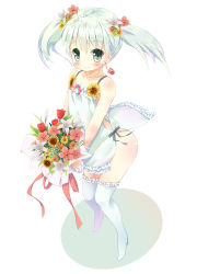 Rule 34 | 10s, 1girl, absurdres, blush, bouquet, dress, earrings, flower, frilled thighhighs, frills, grey eyes, hair flower, hair ornament, harunotsukushi, highres, jewelry, long hair, no panties, ribbon, side slit, silver hair, simple background, smile, solo, sundress, tama (wixoss), thighhighs, twintails, wind, wind lift, wixoss