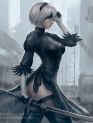 Rule 34 | 1girl, black dress, black legwear, blindfold, blindfold lift, breasts, cleavage, cleavage cutout, clothing cutout, dress, gloves, green eyes, hairband, highres, katana, lips, md5 mismatch, nier (series), nier:automata, parted lips, puffy sleeves, rain, realistic, revision, sciamano240, short hair, signature, grey eyes, silver hair, skirt, solo, sword, watermark, weapon, wet, 2b (nier:automata)
