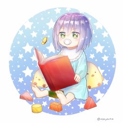 Rule 34 | + +, 1girl, aged down, asayama, atelier (series), baby, bad id, bad pixiv id, barefoot, blue background, blue dress, book, bug, butterfly, commentary request, dress, green eyes, hair between eyes, highres, holding, holding book, insect, long sleeves, open book, pacifier, plachta, purple hair, short hair, sitting, solo, star (symbol), starry background, stuffed chicken, toy, twitter username, v-shaped eyebrows
